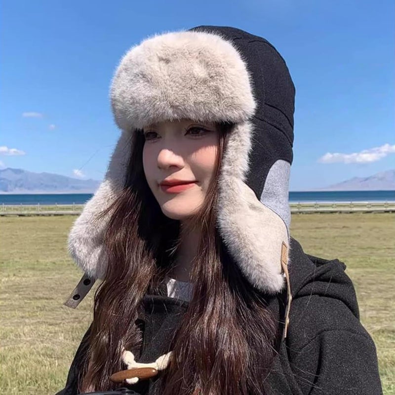 PURFUN Men Women Faux Fur Trapper Hat Stylish Splicing Color Winter Ski Hunting Hat Elders Warm Plush Ushanka Earflap Cap - Image 2